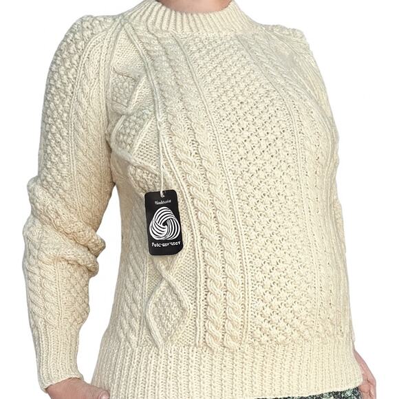 Vintage Sweaters - American Vintage Handknit Irish Fisherman Sweater Wool Aran Cable Cream Large